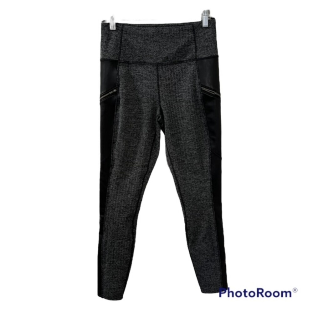 Athleta Black Gray Luxe Drifter Faux Leather Sides Zip Pockets Leggings Sz Small